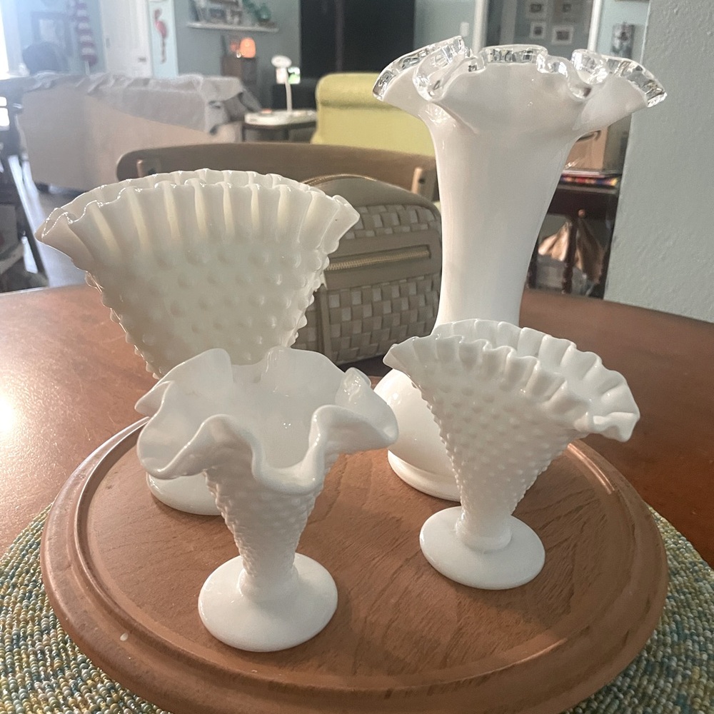 Beautiful White Milk Glass Vases Fenton Hobnail Lace antique Vintage